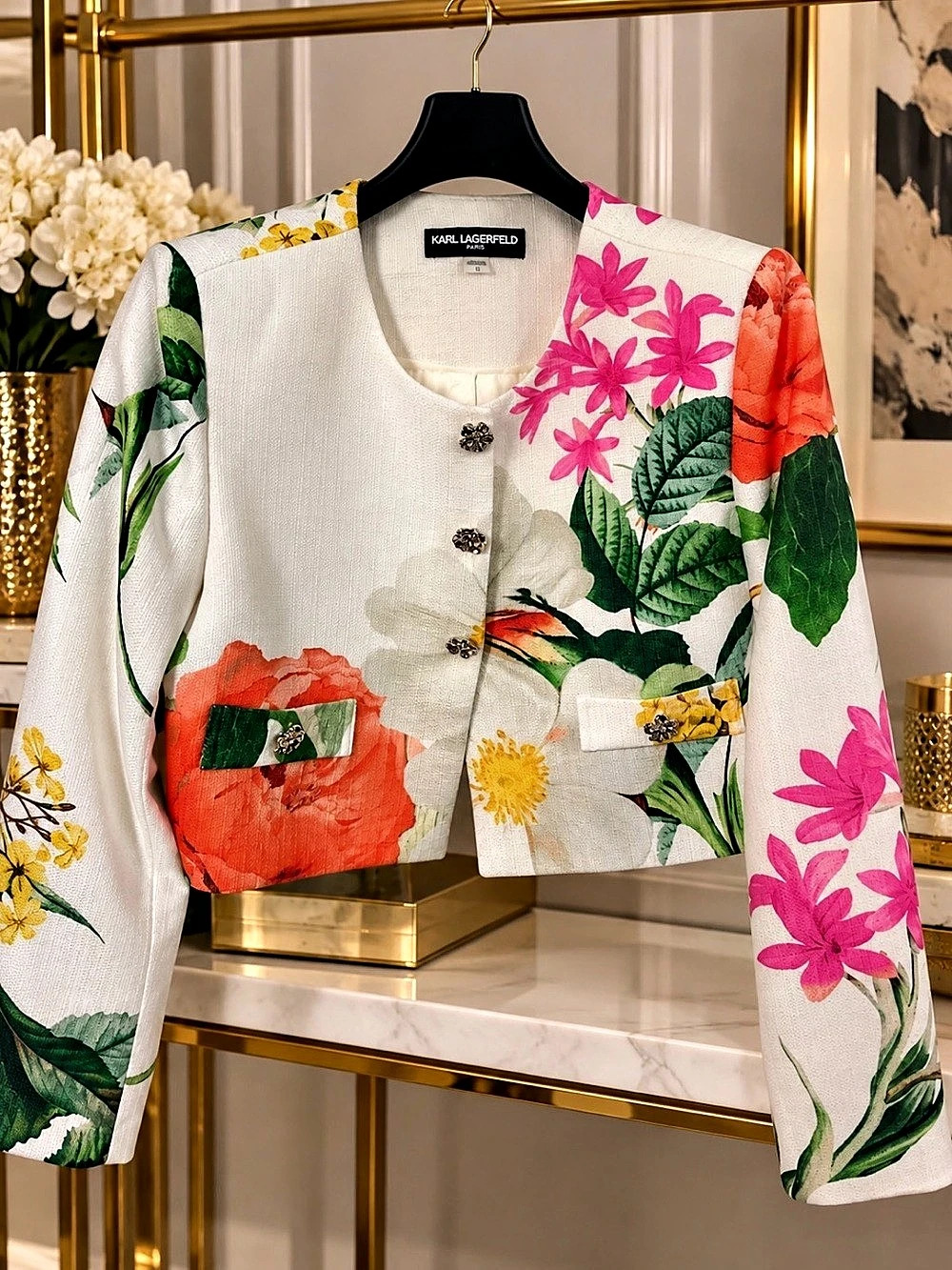 Karl Lagerfeld Floral Blazer in White & Pink Size 12 Like New